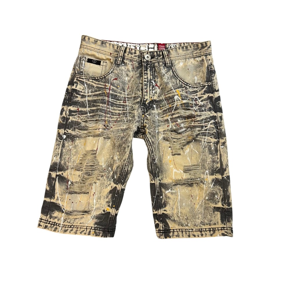 Switch Premium Denim Mens Distressed Paint Splatter Moto Shorts Gray Yellow 32